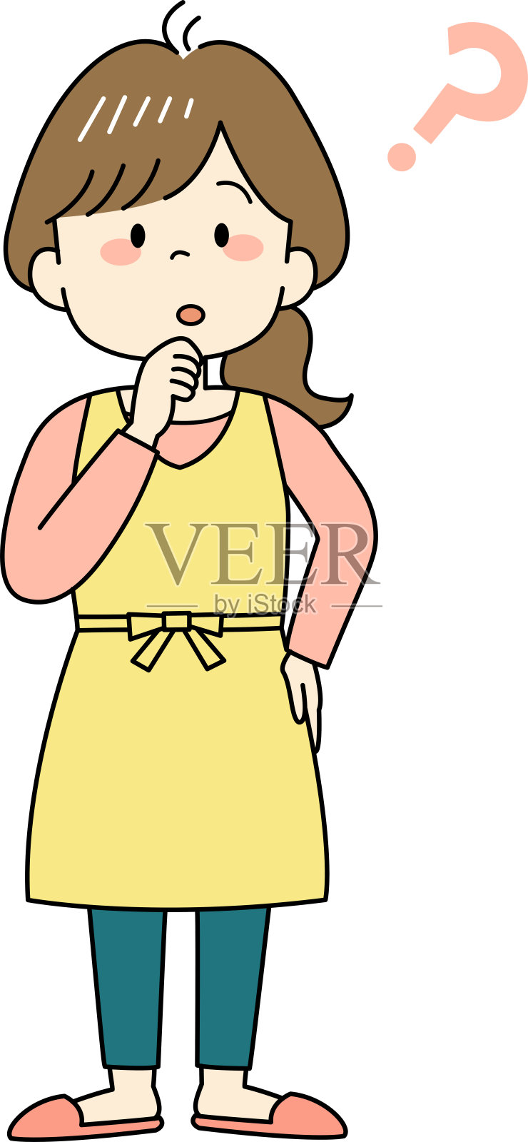 穿着黄围裙带着问号的年轻女子插画图片素材