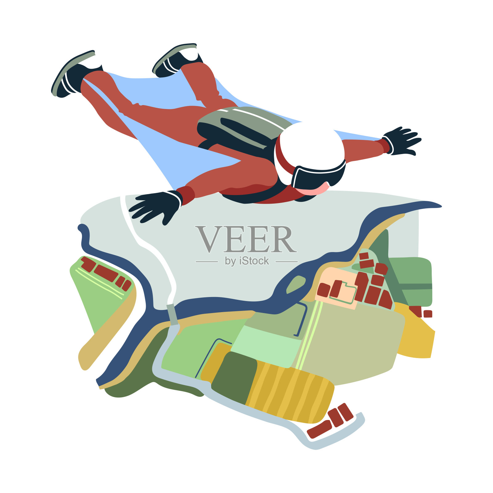 身穿白色头盔、极限运动、翼服或跳伞的高空跳伞者，鸟瞰居民点、乡村景观插画图片素材