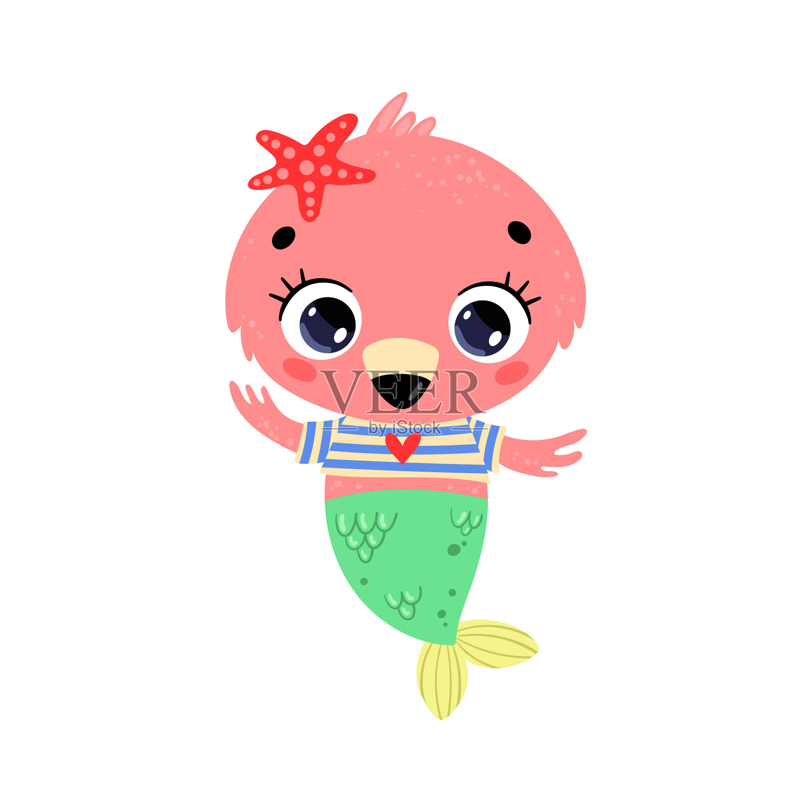 平面矢量插图可爱的卡通火烈鸟美人鱼。夏季热带动物插画图片素材