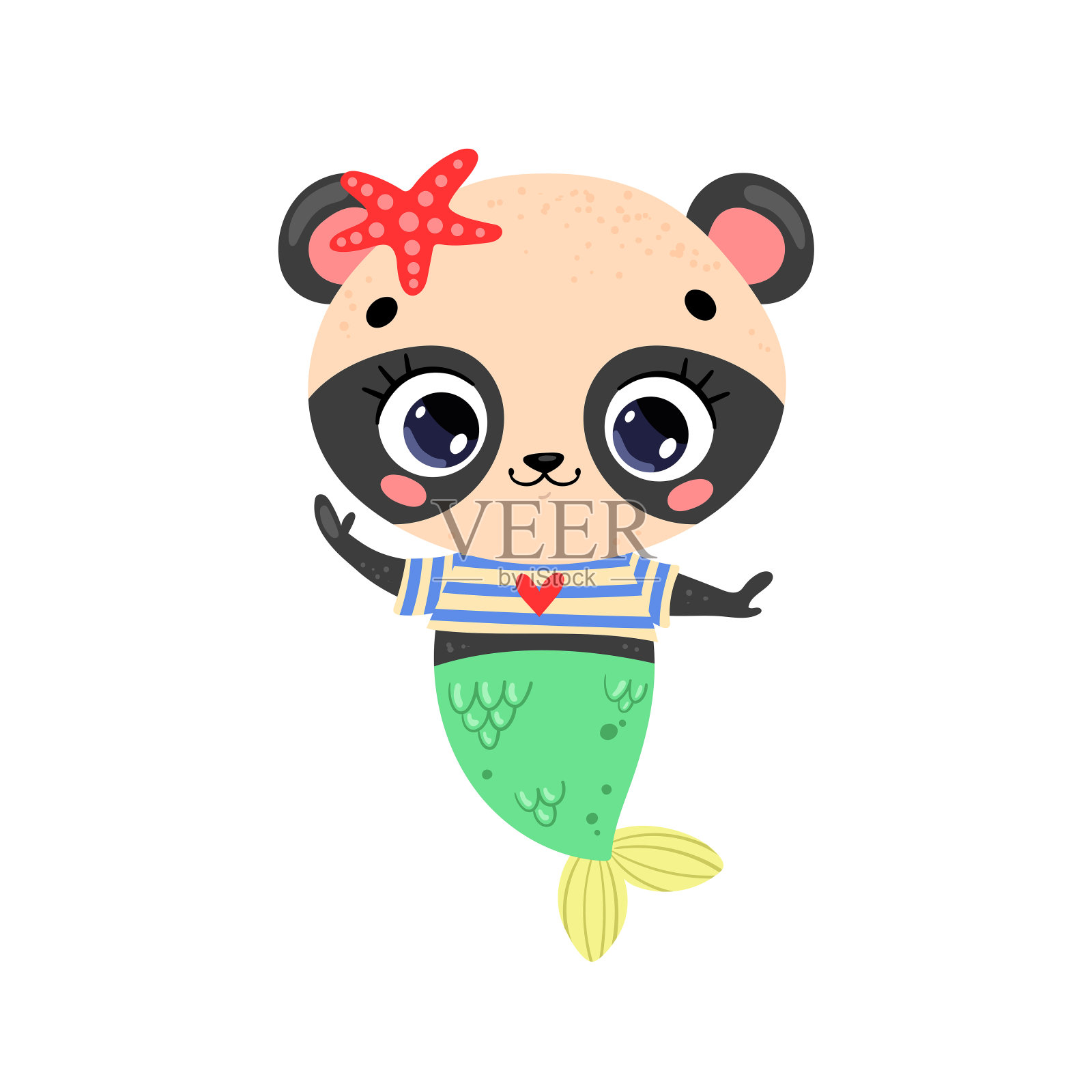 平面矢量插图的可爱的卡通熊猫美人鱼。夏季热带动物插画图片素材