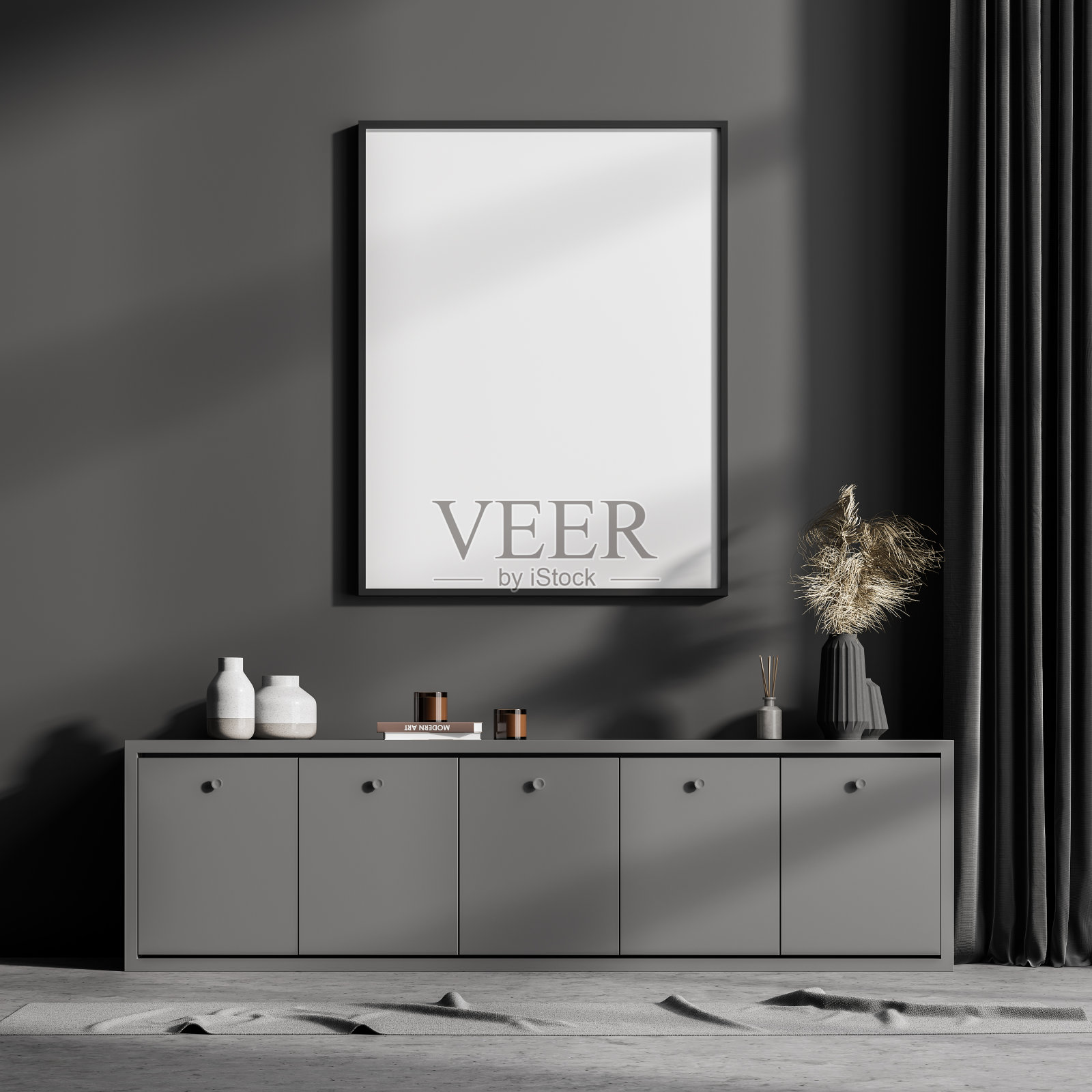 现代设计家居客厅内部用马桶。在灰色墙壁上画的模拟画框海报。模板。照片摄影图片