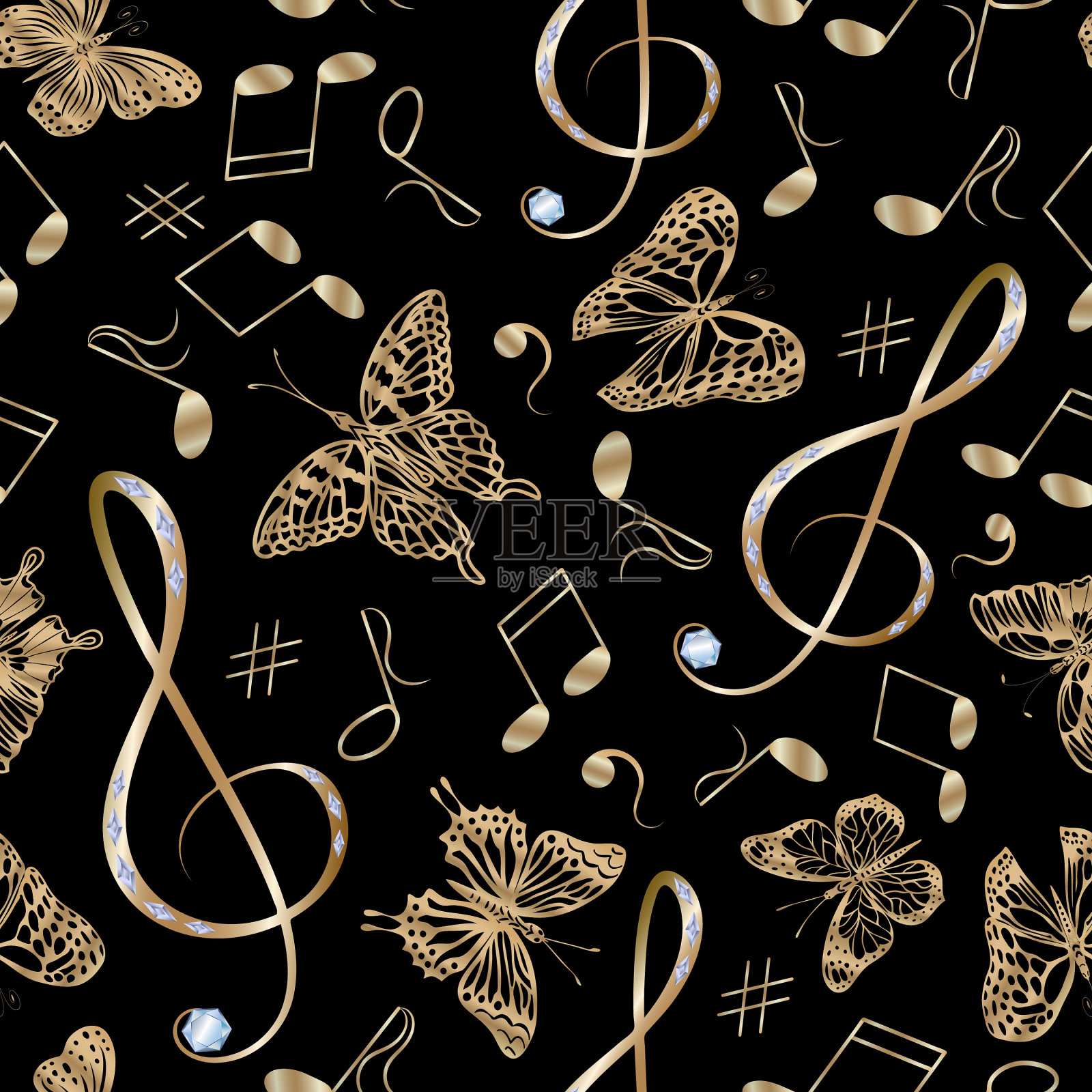 图案与音乐标志和蝴蝶插画图片素材