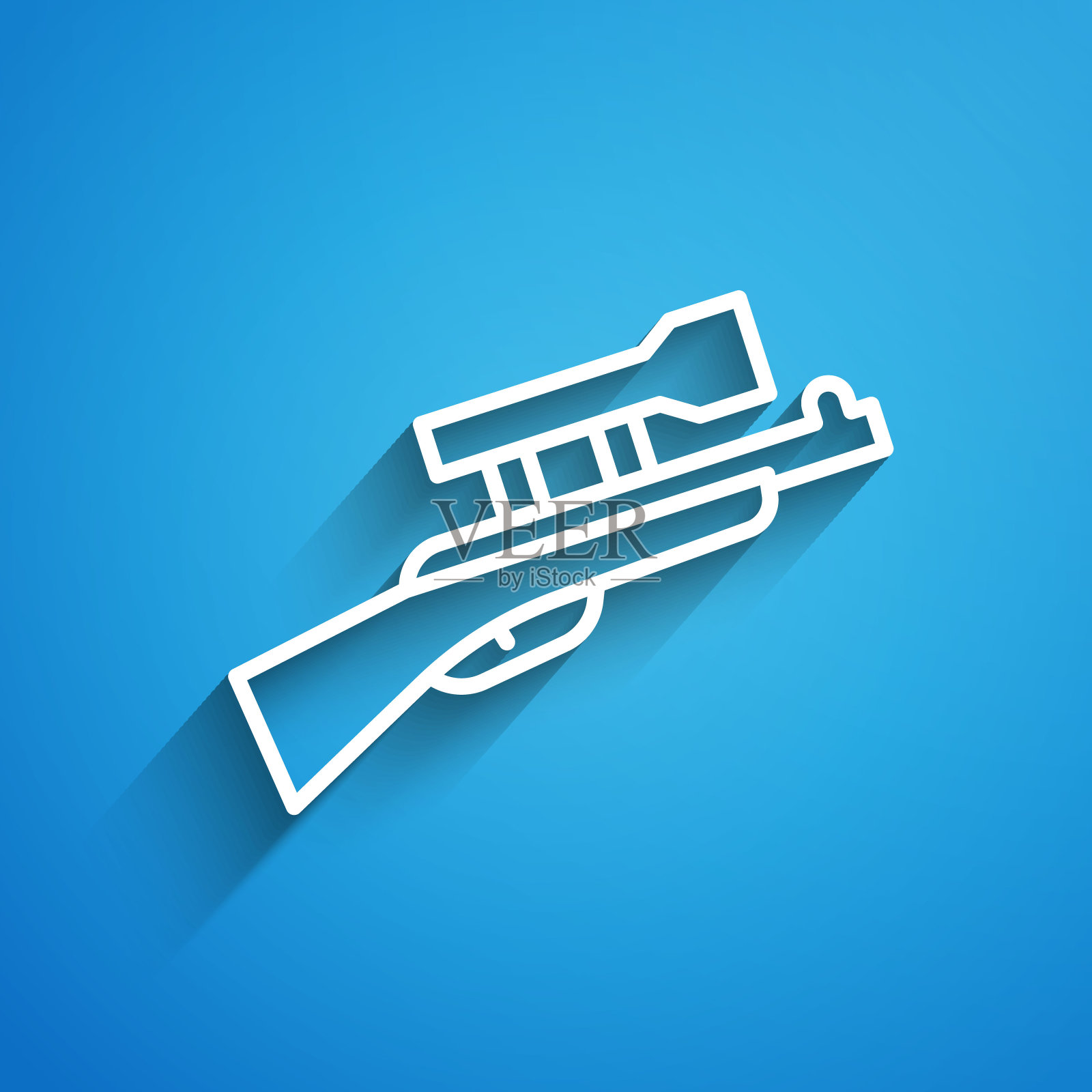 白色线狙击步枪与范围图标隔离在蓝色背景。长长的阴影。向量插画图片素材