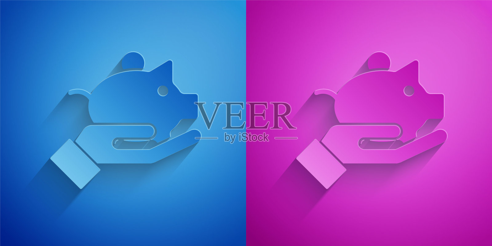 剪纸小猪银行在手图标孤立在蓝色和紫色的背景。图标储蓄或积累金钱，投资。纸艺术风格。向量插画图片素材