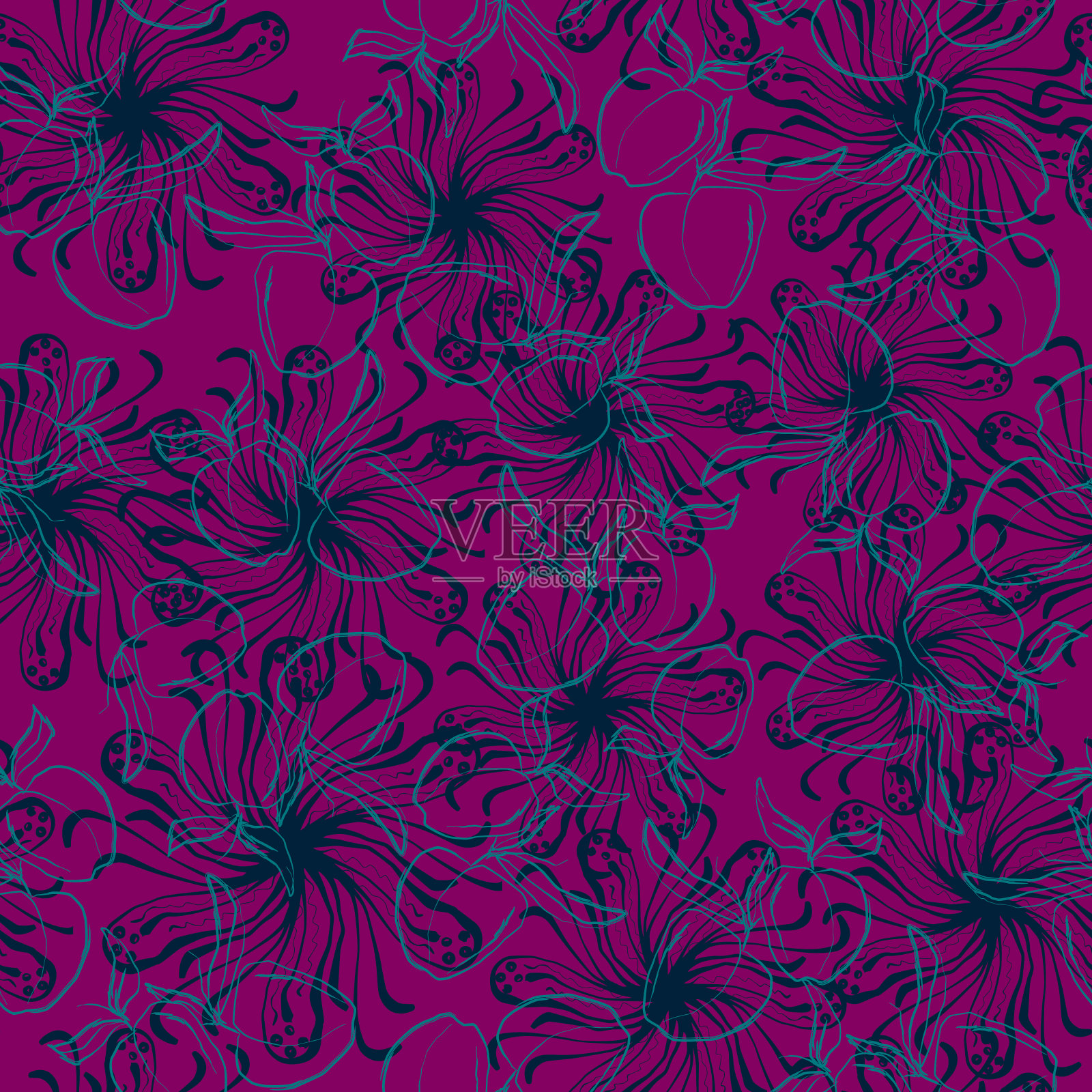 轮廓李子与树叶水果孤立打印手绘插图矢量无缝模式插画图片素材