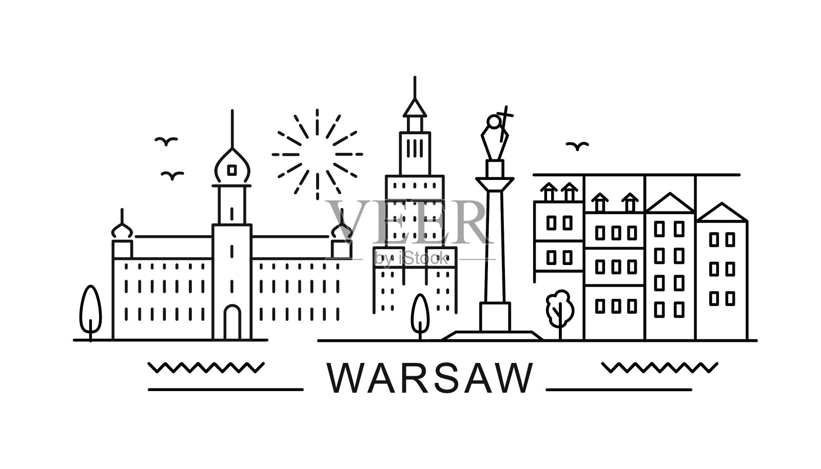 华沙以极简风格勾勒城市天际线插画图片素材