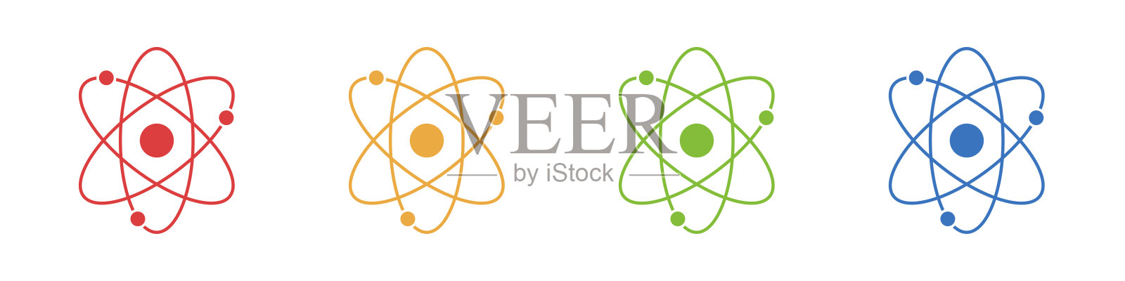 原子图标设置为孤立的白色背景。原子核的结构。原子周围有伽马波，质子，中子和电子。矢量图插画图片素材