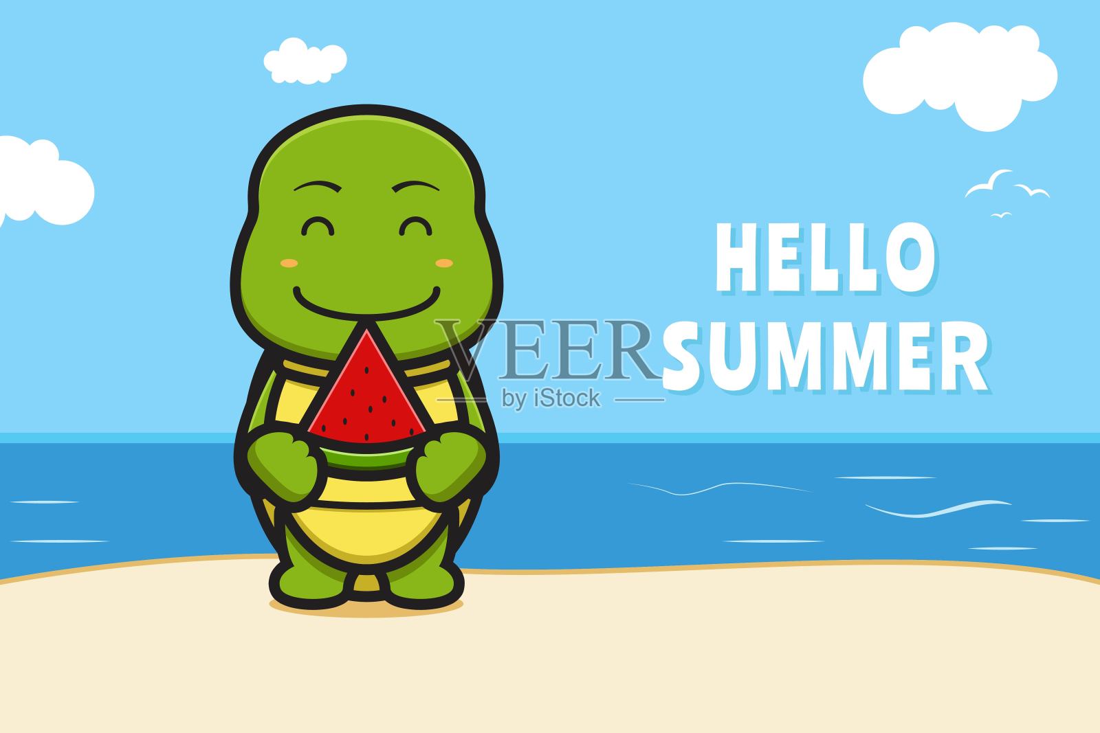 可爱的乌龟抱着西瓜与夏季问候横幅卡通矢量图标插图。插画图片素材