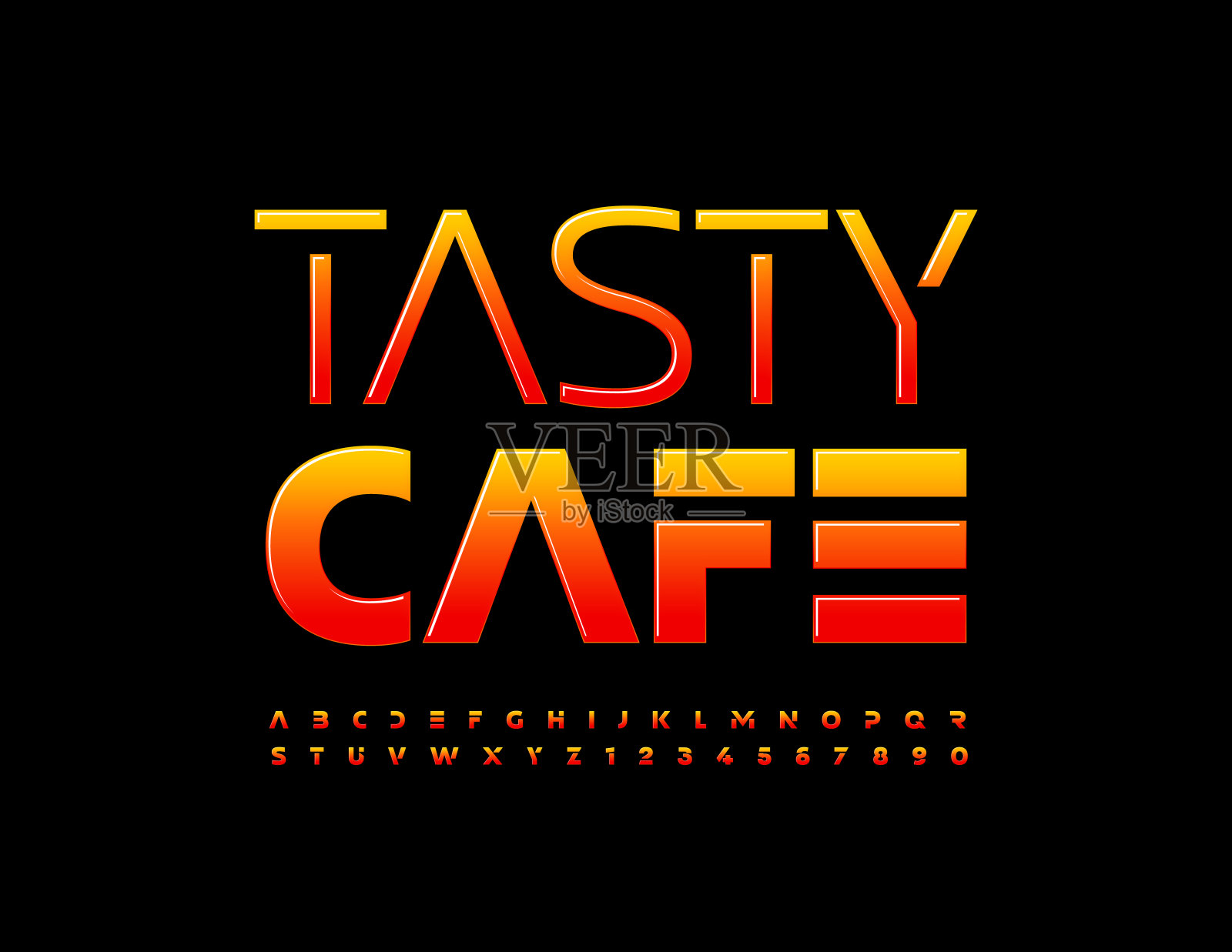 向量明亮的标志美味的咖啡馆。未来风格的字母和数字集插画图片素材