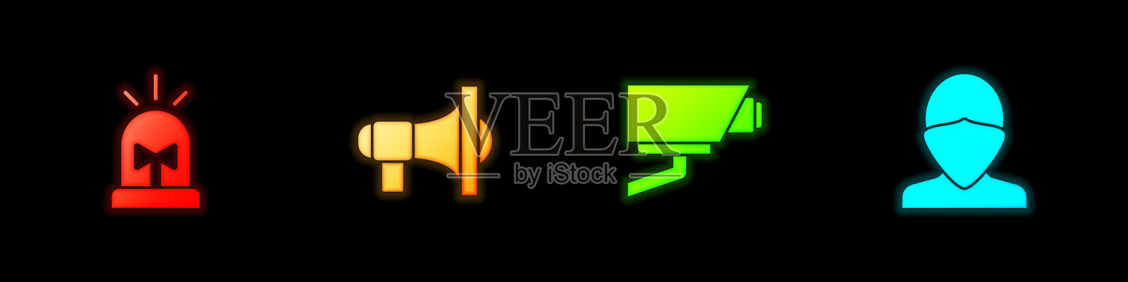 设置闪光警报器，扩音器，安全摄像头和图标素材