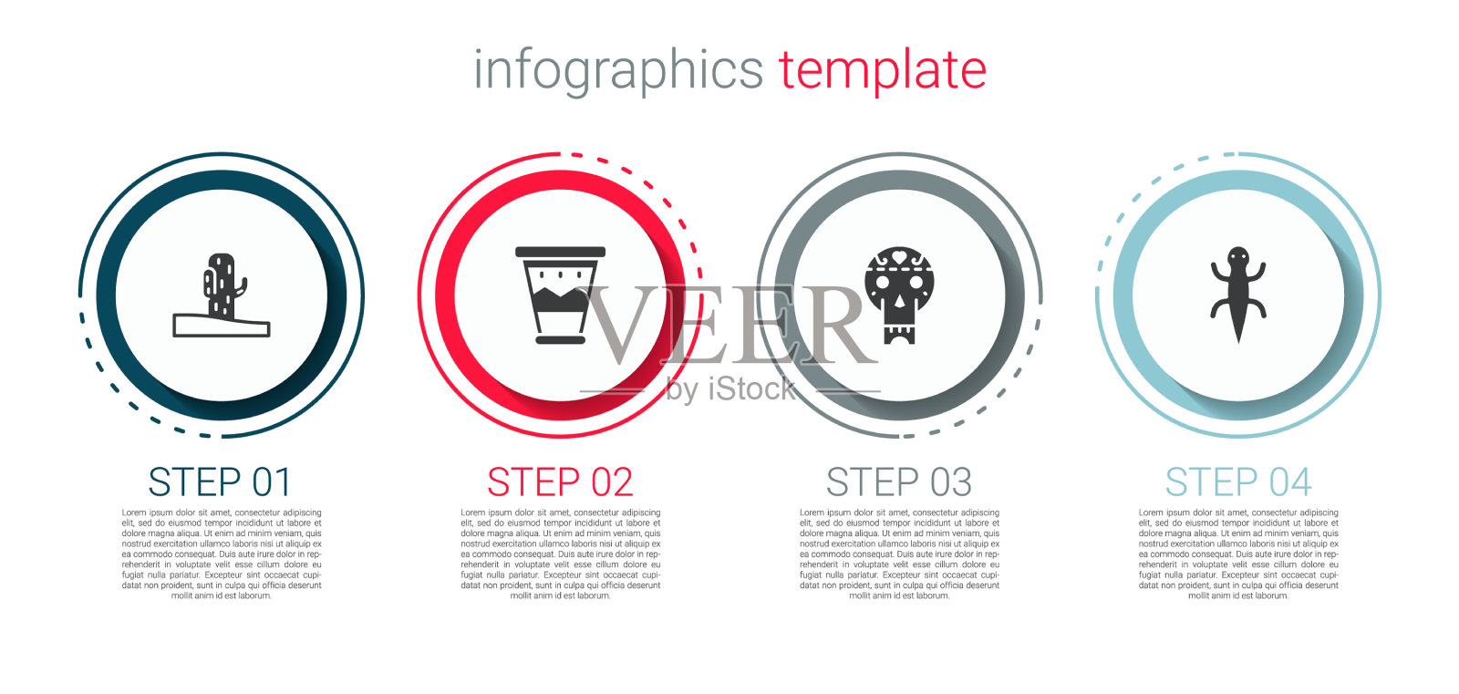 设置仙人掌墨西哥鼓头骨和蜥蜴插画图片素材