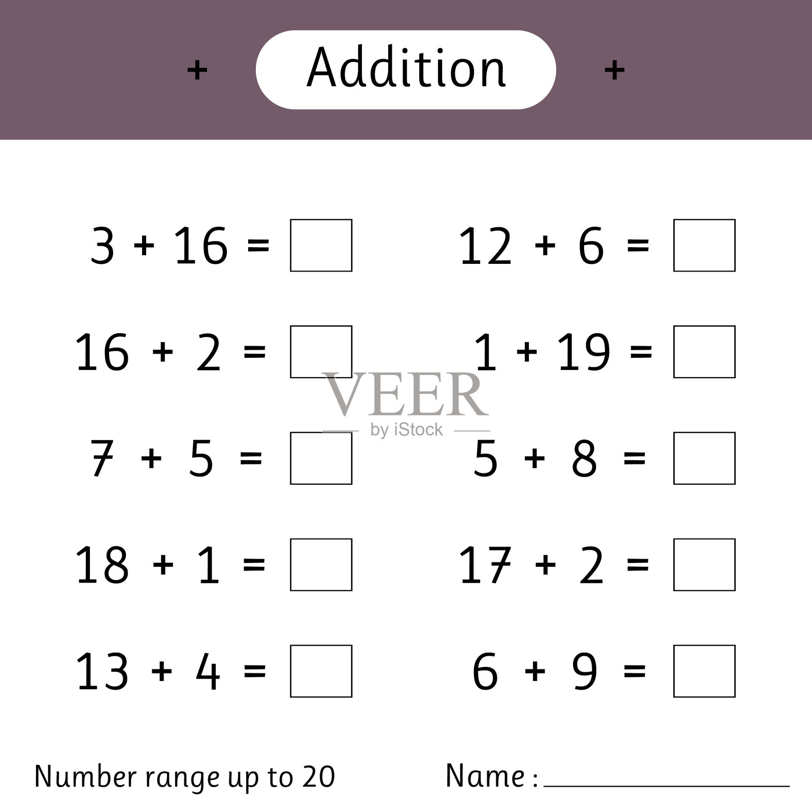加法数最多可达20个数学工作表插画图片素材