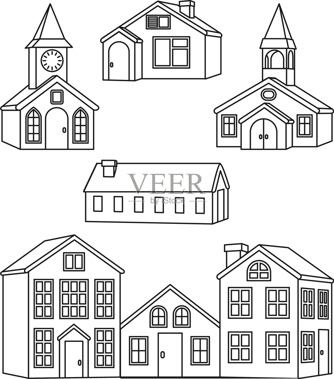 黑色和白色的村庄房屋设置插画图片素材