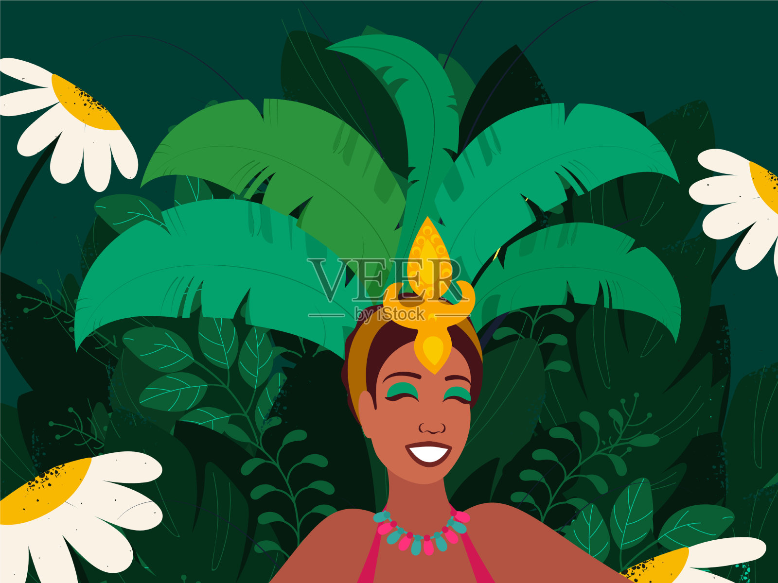 快乐的巴西年轻女孩对绿色的自然插画图片素材