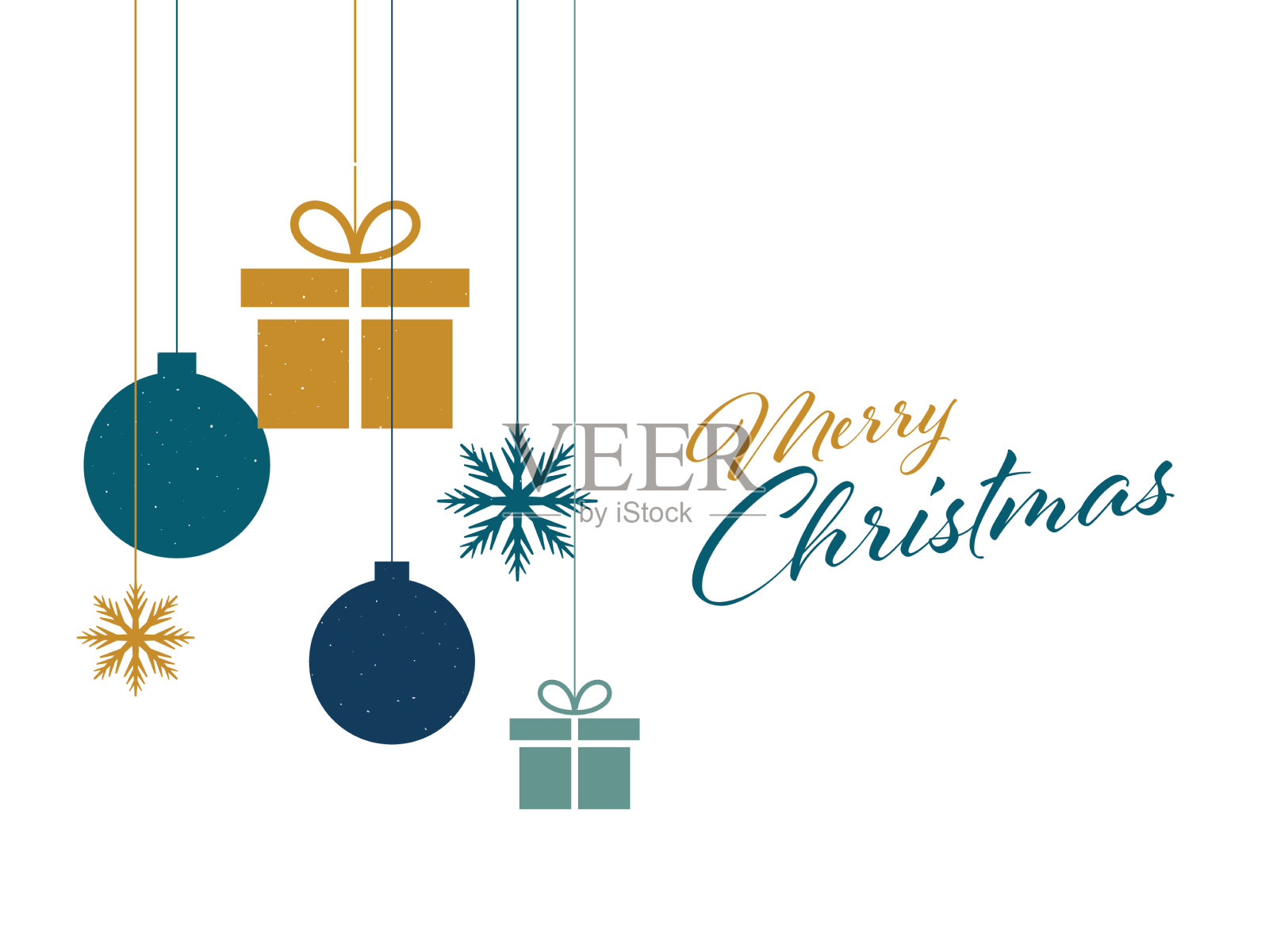 圣诞快乐的书法，挂着小装饰品插画图片素材