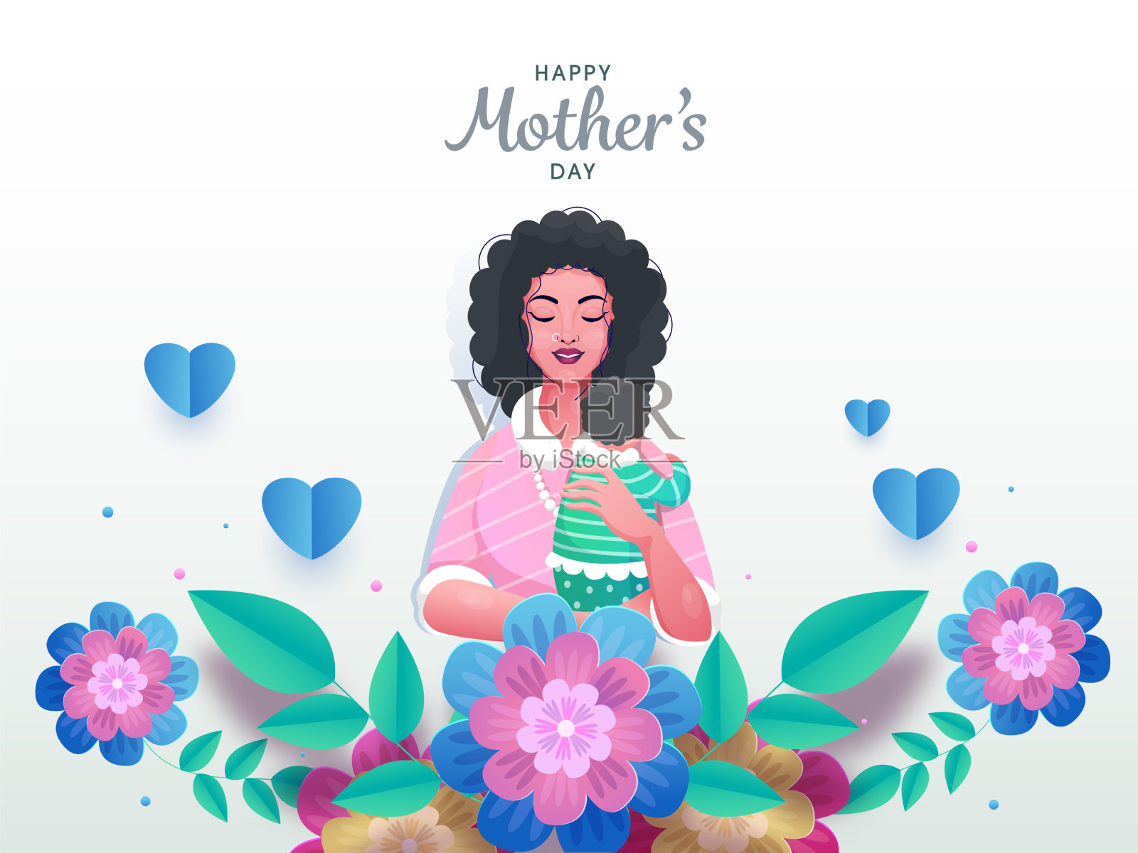 美丽快乐的母亲节与年轻的母亲插画图片素材
