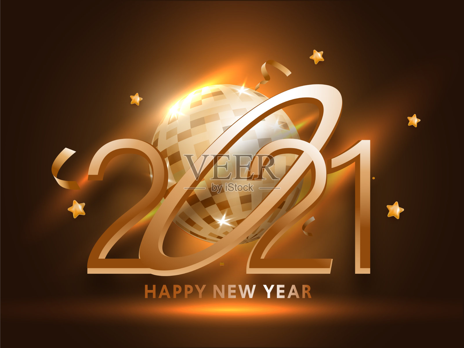 3d迪斯科球明星2021年新年快乐文字插画图片素材