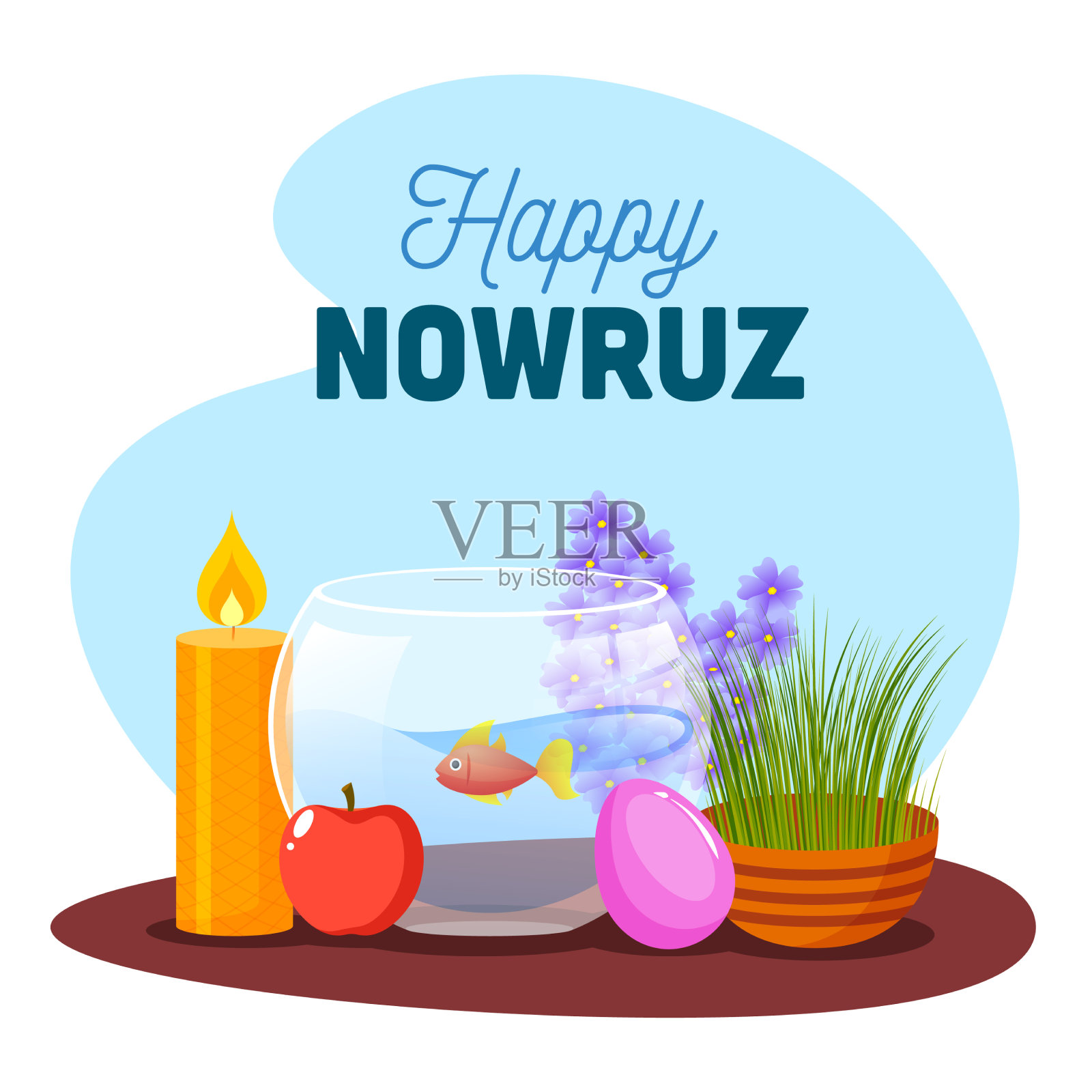 金鱼缸里放着草苹果蛋插画图片素材