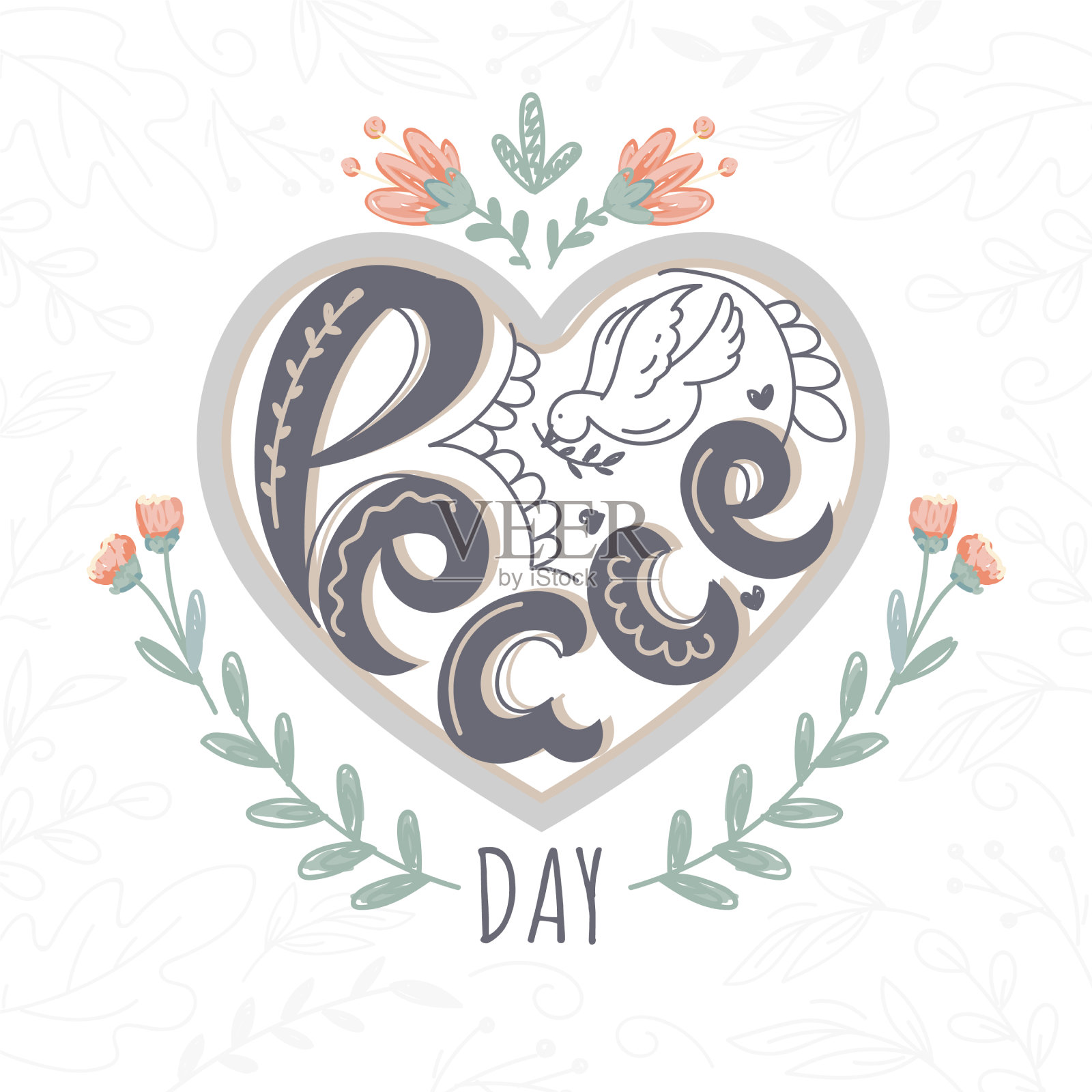 创意文字和平日与线条艺术鸽子插画图片素材