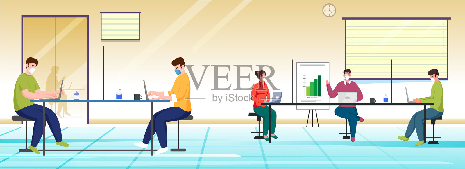 商务人士在工作场所戴防护口罩插画图片素材