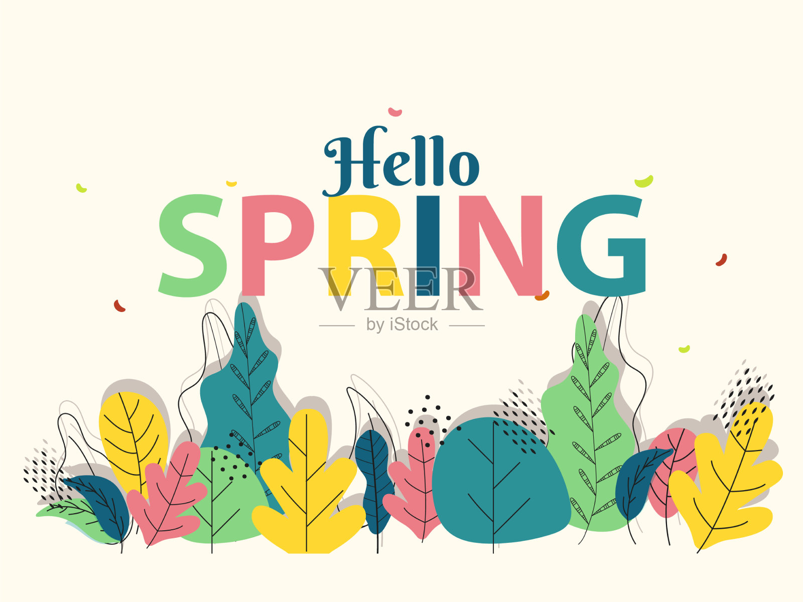 你好春天文字与彩色的树叶在米色插画图片素材