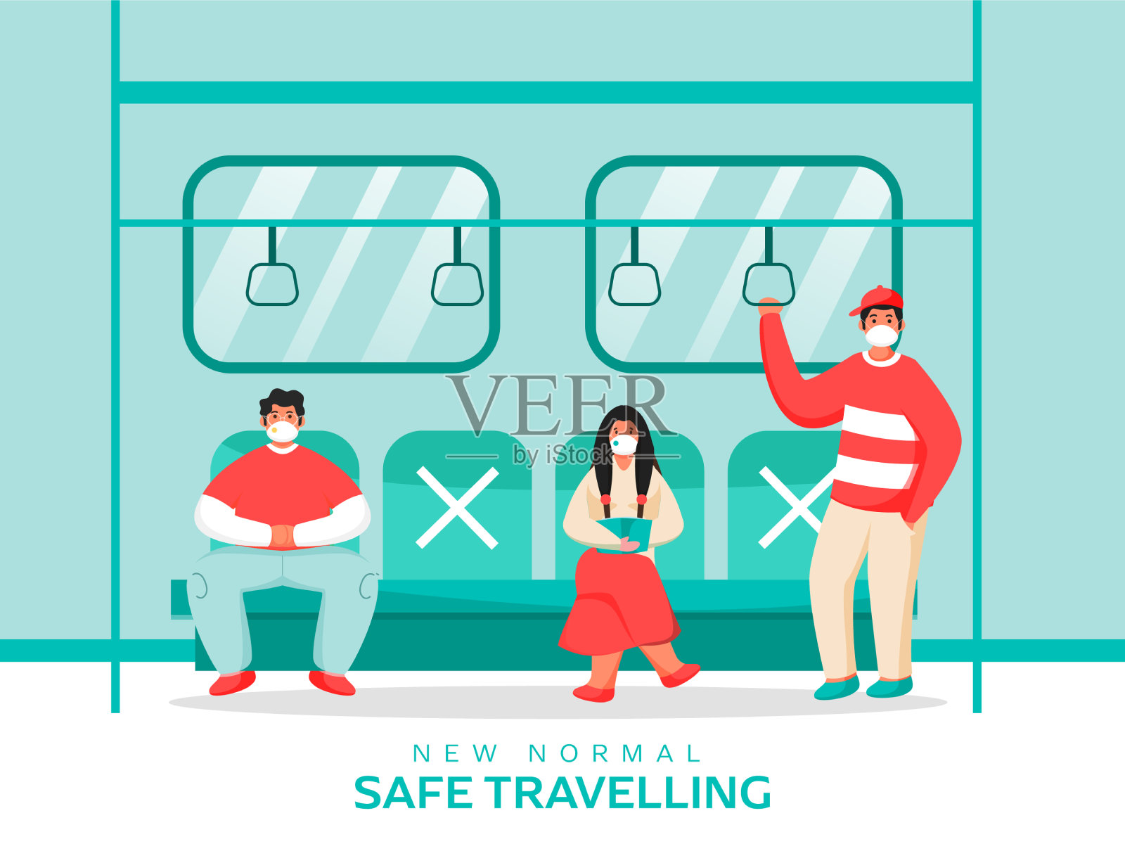 人们戴着医用口罩在火车上插画图片素材