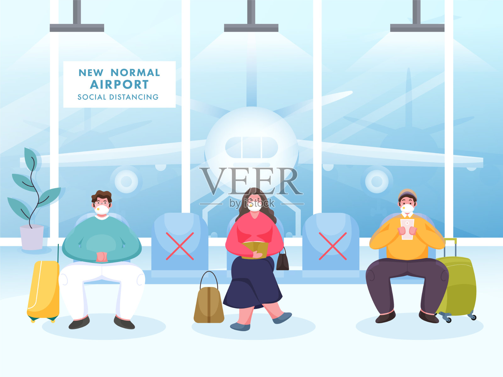 乘客戴上防护口罩保持社交插画图片素材