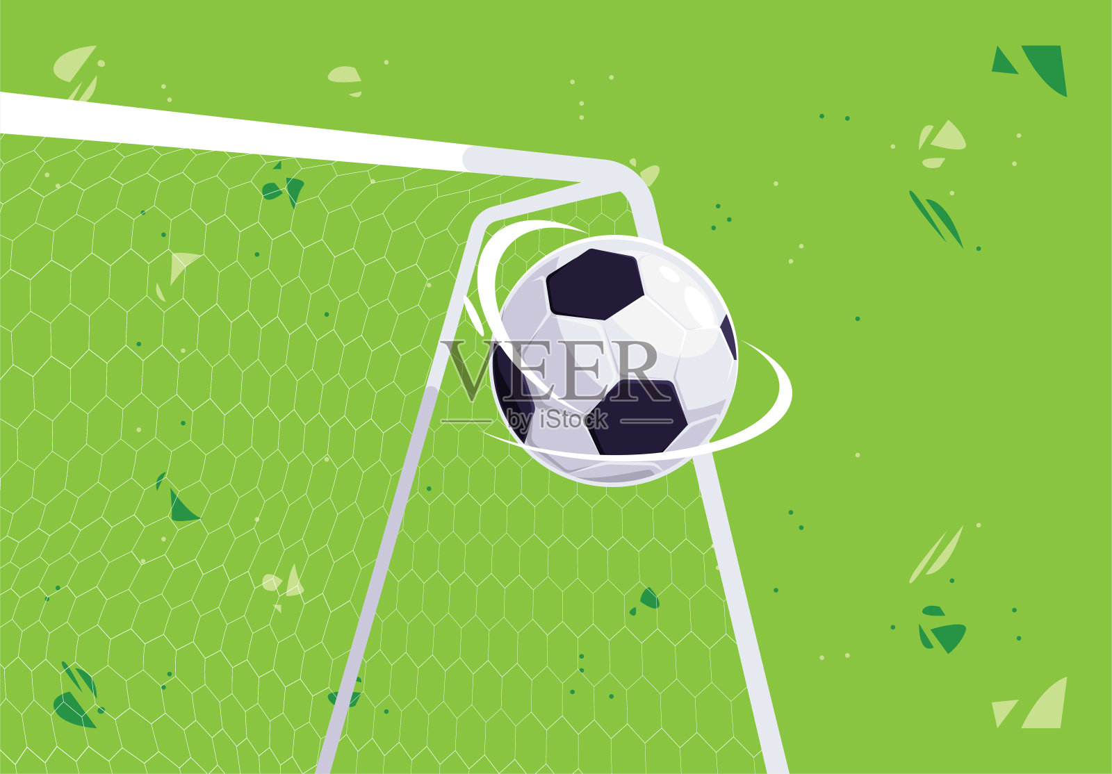 在绿色背景上，一个足球飞进一个足球球门的矢量插图插画图片素材