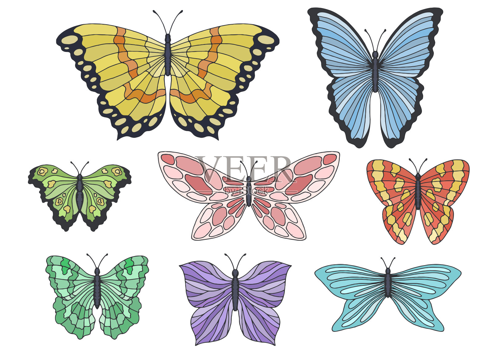 蝴蝶集图形颜色孤立素描插图向量设计元素图片