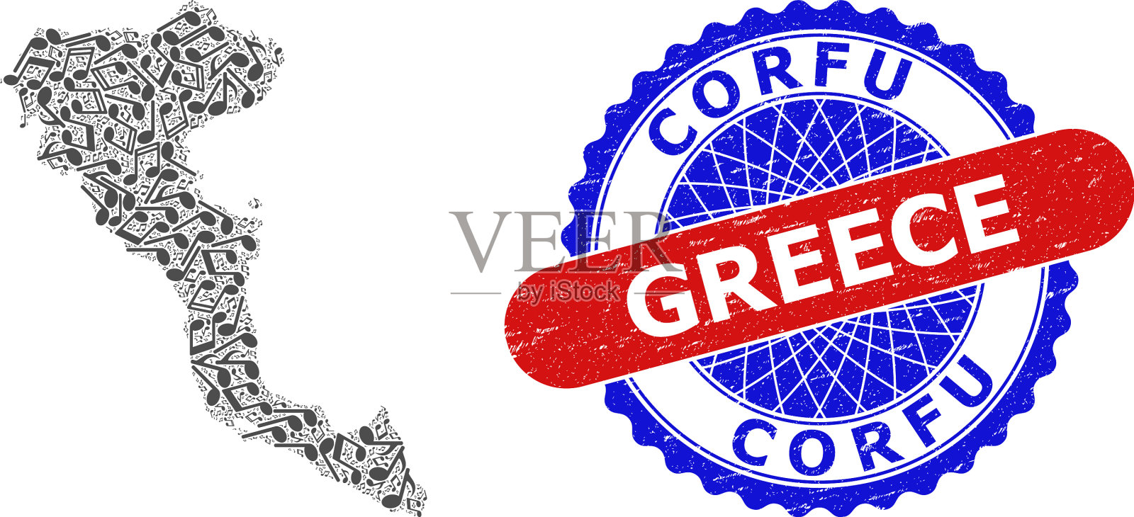 音乐拼贴科孚岛地图和双色插画图片素材