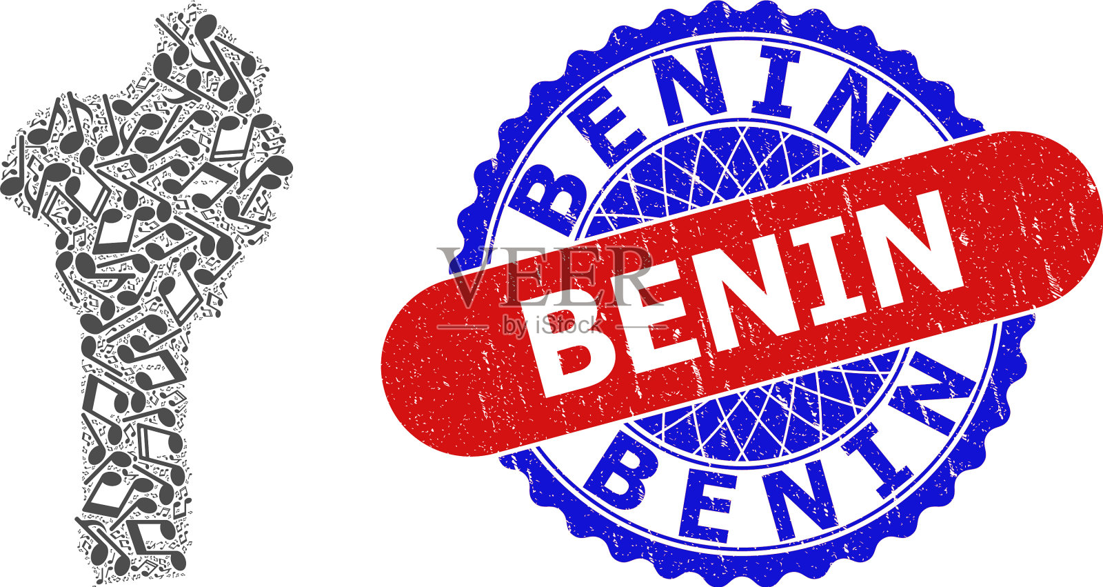 音乐记谱法:贝宁地图马赛克，双色插画图片素材