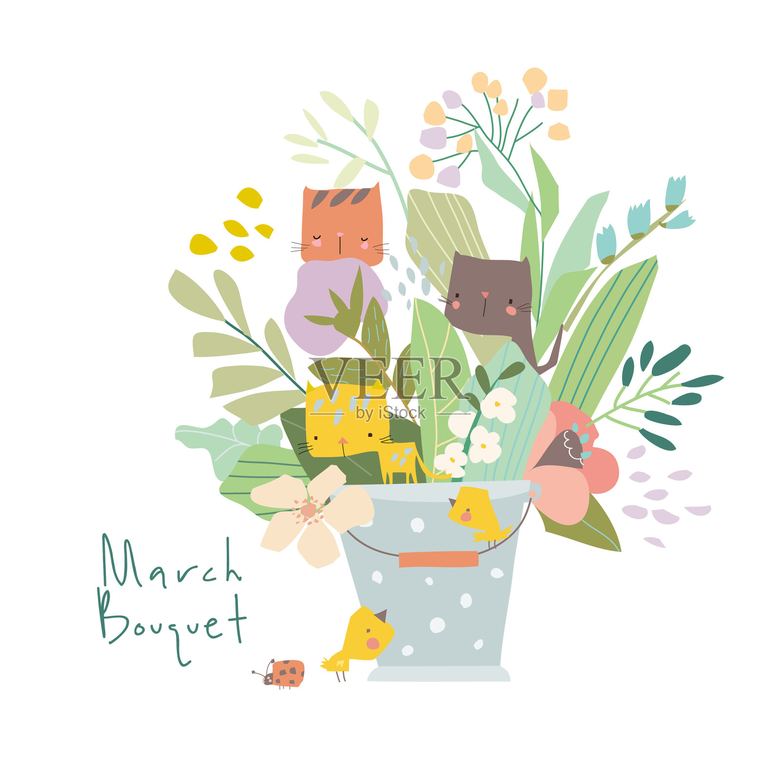 卡通美丽的春天花束与有趣的猫设计元素图片
