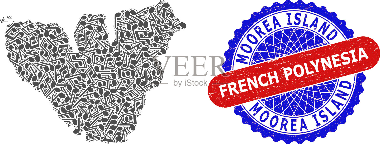 音乐拼贴为moorea岛地图和双色插画图片素材