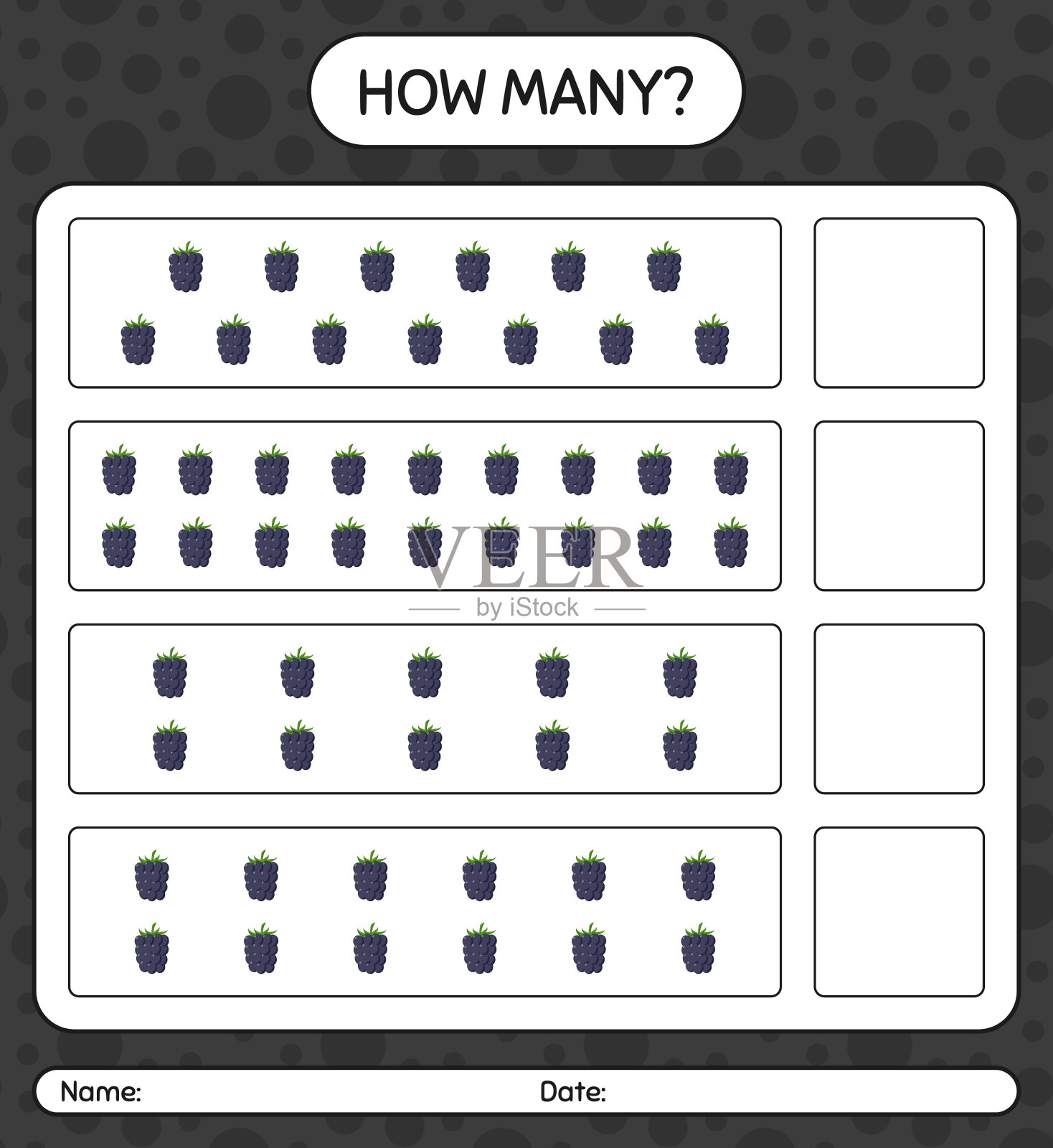 多少计数游戏与黑莓工作表插画图片素材