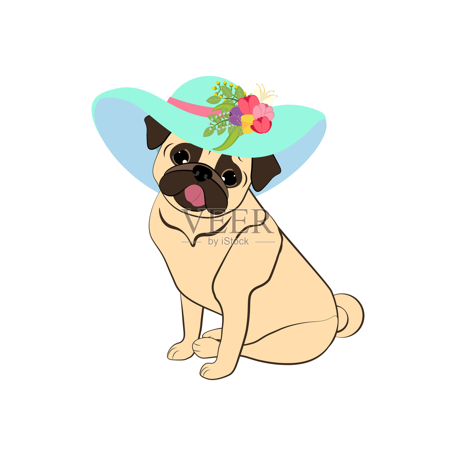 戴着春花帽子的哈巴狗是可爱的动物设计元素图片
