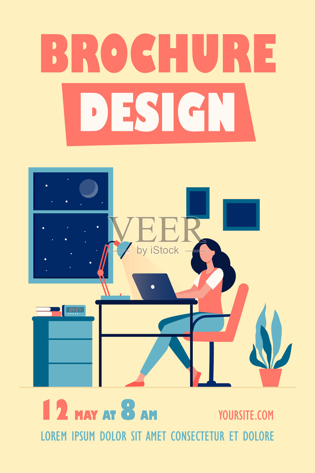 女设计师在房间里工作到很晚插画图片素材