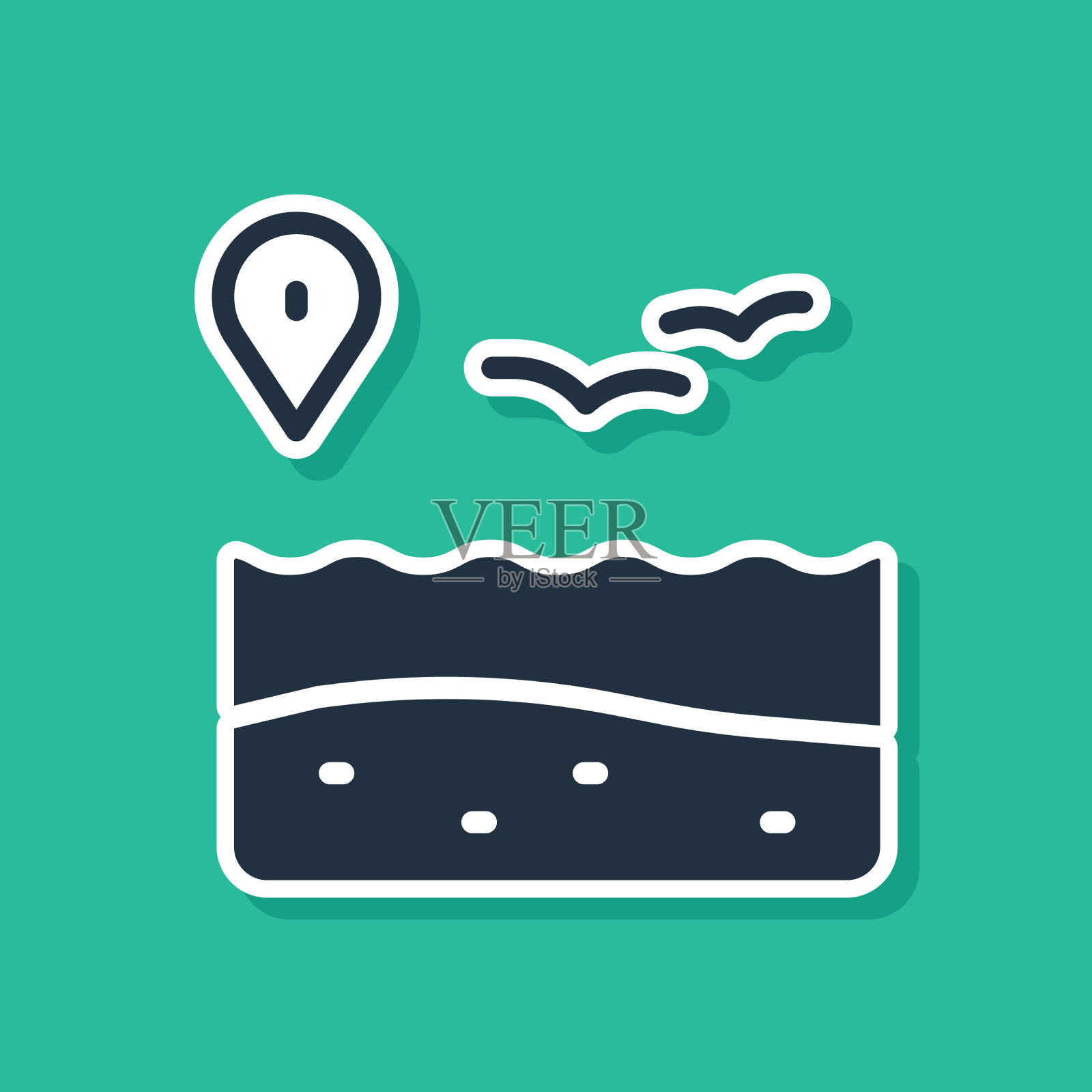 蓝色位置与海滩图标隔离在绿色插画图片素材