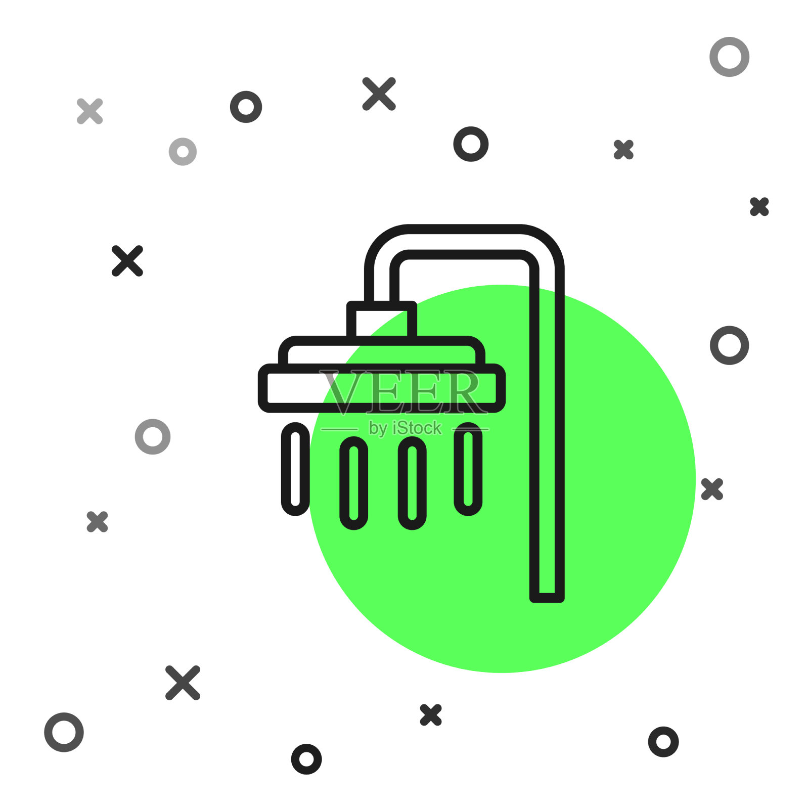 黑线淋浴头与水滴流动插画图片素材