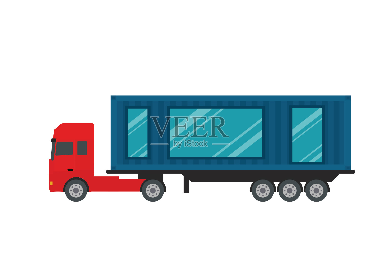 卡车运输的集装箱是一个现代现成的房子，一个金属的集装箱房子插画图片素材