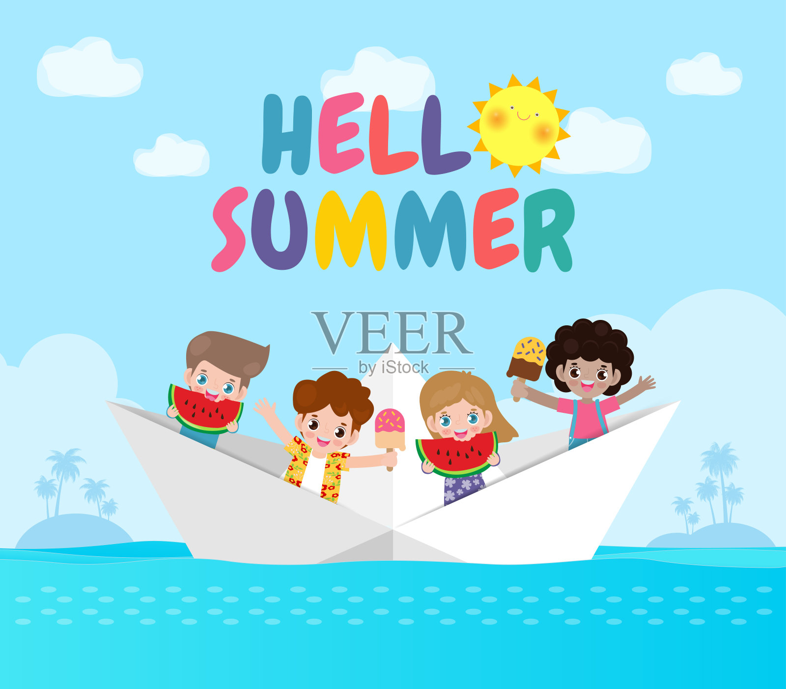 你好夏天横幅模板，群可爱的孩子放松抱着冰淇淋和西瓜在纸船，夏天，休闲时间在海边，假期平面卡通背景矢量插图插画图片素材