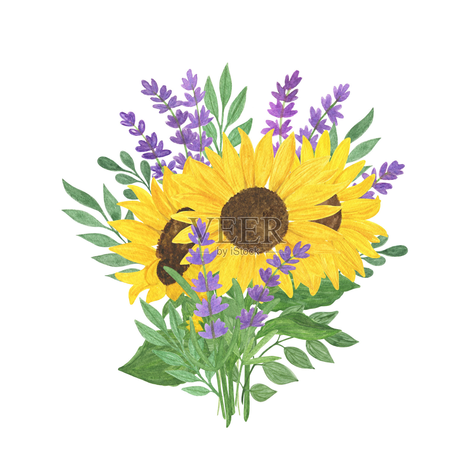 向日葵花束，薰衣草，树叶水彩画，花卉组成，夏日植物布置象征法国普罗旺斯的贺卡，波西娅装饰，婚礼邀请，节日设计插画图片素材