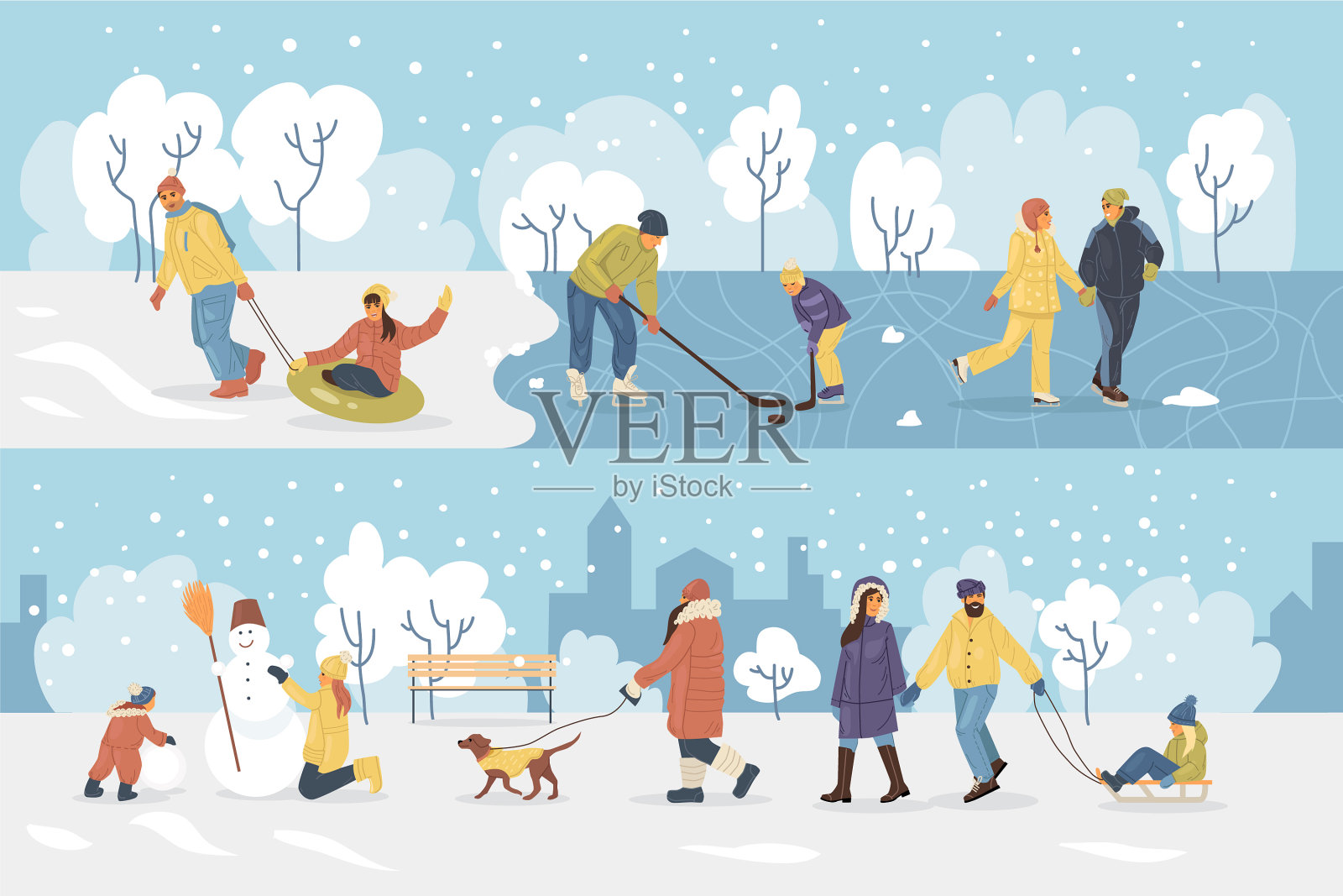 积极的人在冬天公园快乐的家庭插画图片素材