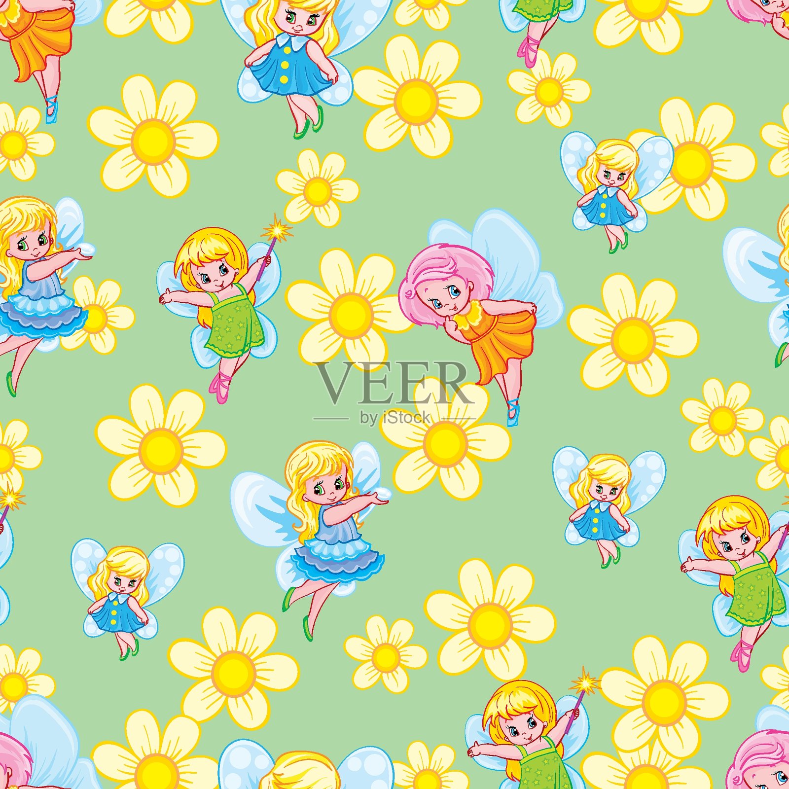 图案，在绿色的背景上黄色的花和仙女飞过他们，卡通插图，矢量，插画图片素材