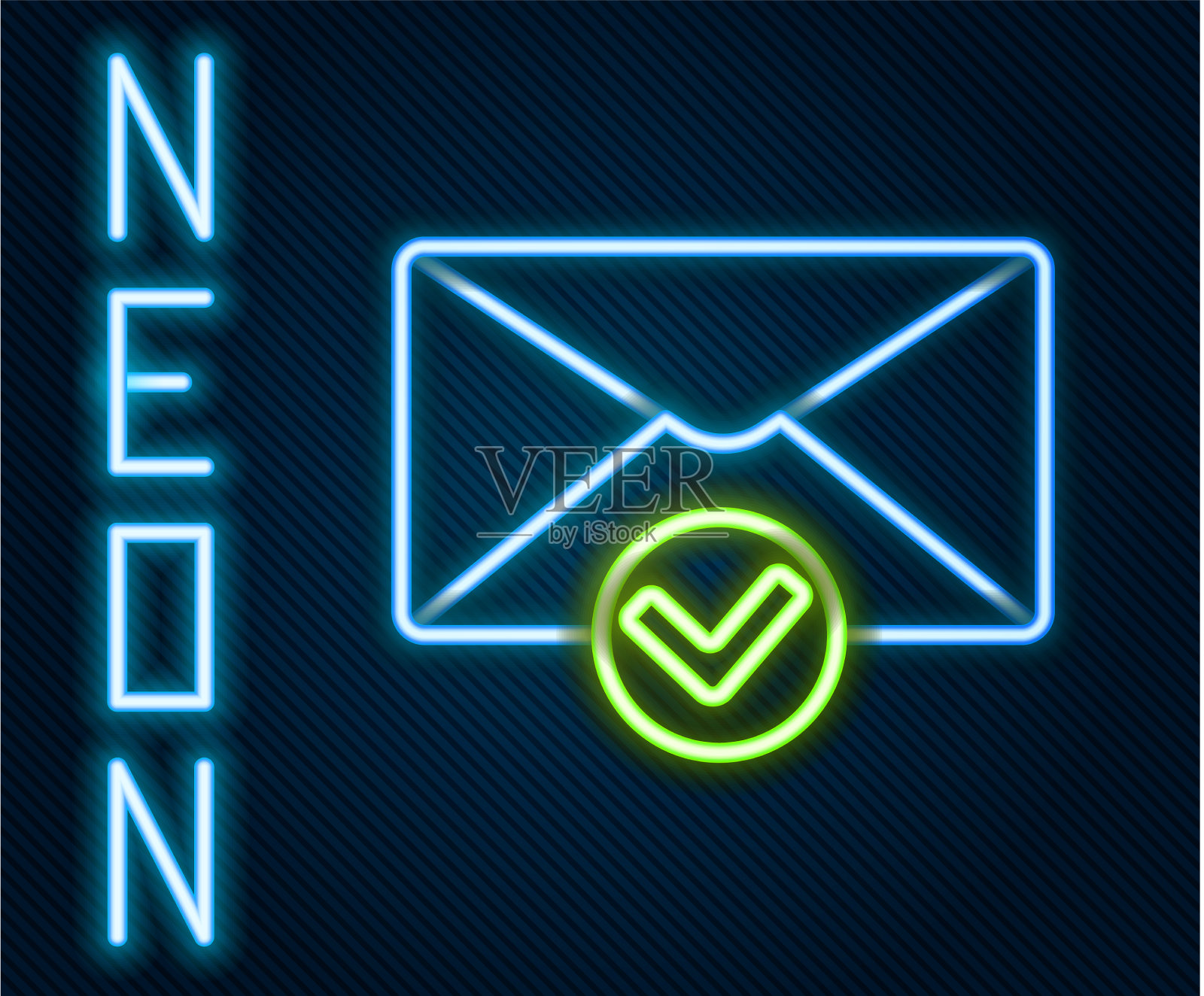 发光的霓虹灯线信封和检查标记图标插画图片素材