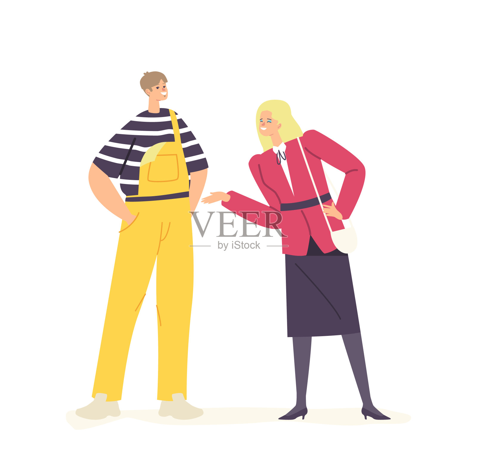 快乐的年轻人在80年代90年代服装，化妆和发型交流。穿着黄色工装裤的时尚男士插画图片素材