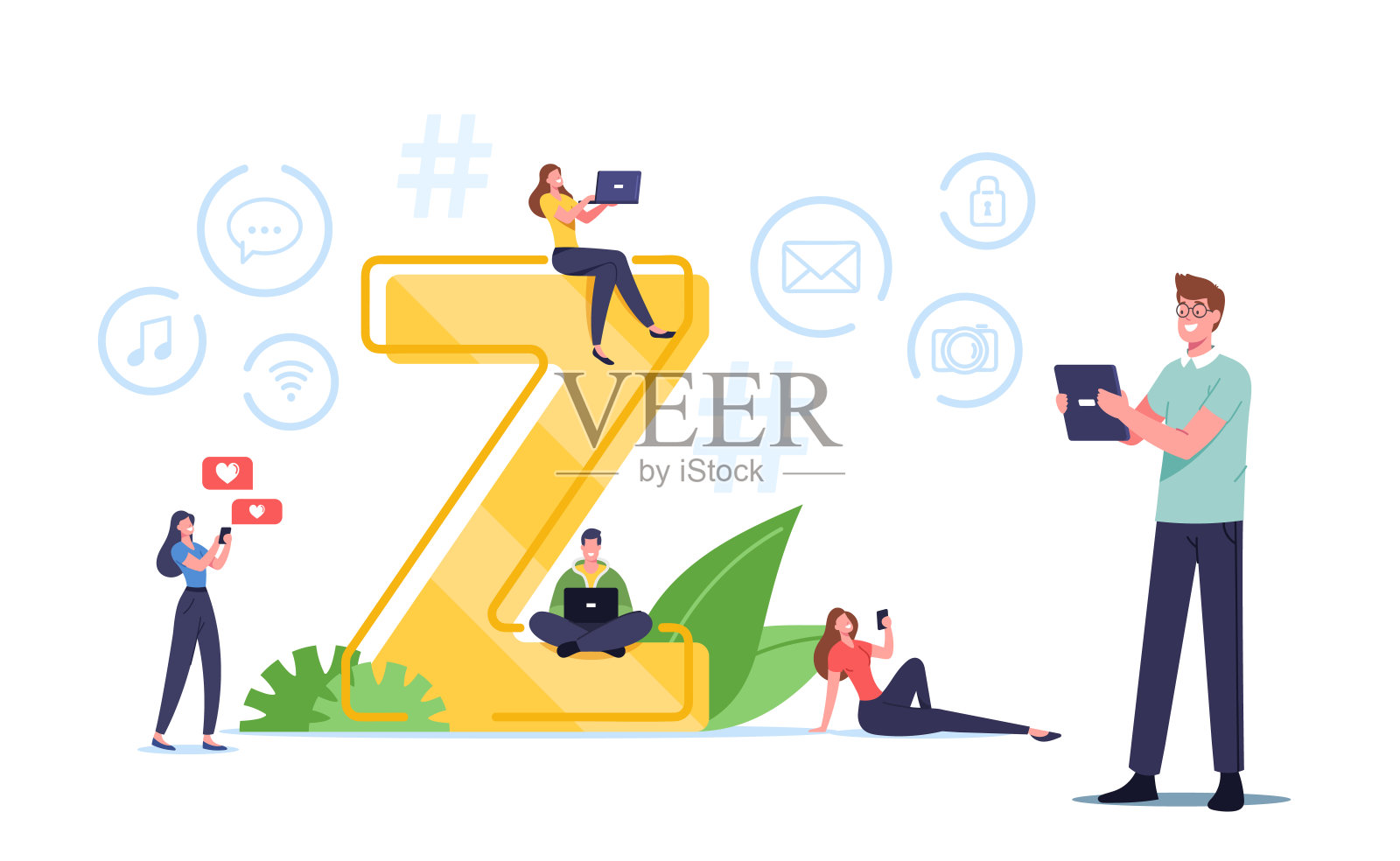 Z一代的概念。虚拟人物通讯。新现代人口趋势与进步的青年一代，青少年生活插画图片素材