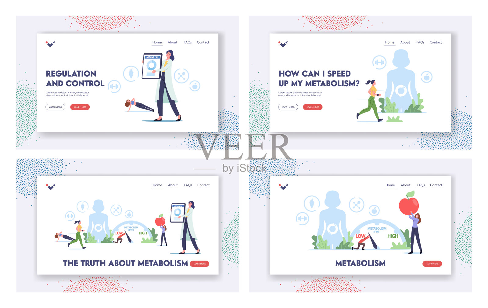 人类新陈代谢登陆页面模板集。具有消化道生化过程的巨大躯体上的微小特征插画图片素材