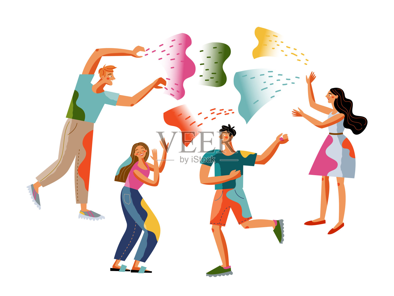 人们庆祝印度颜色节。年轻男女互相投掷颜料矢量插图。印度的旅游业，传统的国家假日场景在白色的背景下插画图片素材