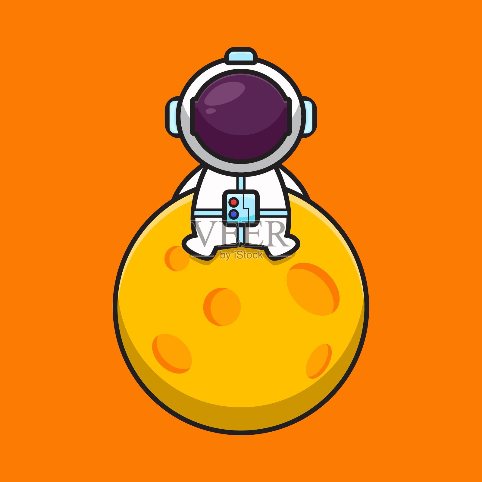 可爱的宇航员人物坐在月球卡通矢量图标插图插画图片素材