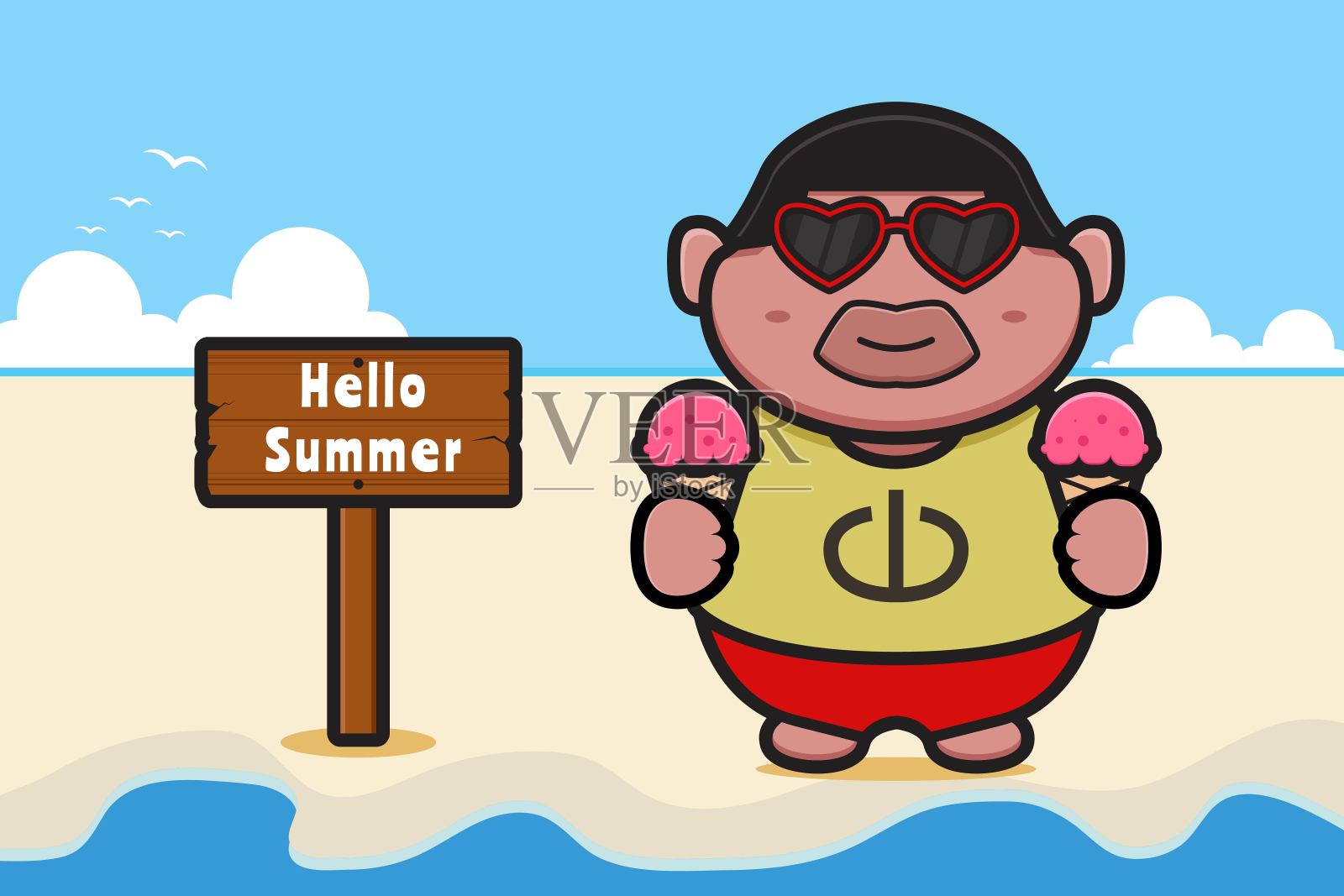 可爱的胖男孩拿着冰淇淋与夏季问候横幅卡通矢量图标插图插画图片素材